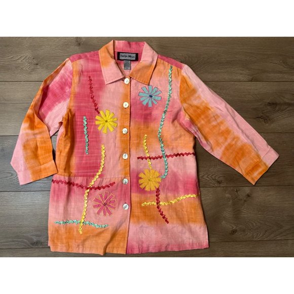 Indigo Moon Watercolor Pinwheel Applique Big Shirt, Sz M, Oranges & Pinks - Picture 6 of 6